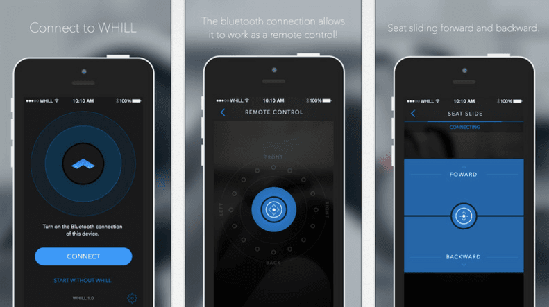Smartphone app interface for WHILL device, displaying connection, remote control, and seat slide features. Dark theme, sleek design, modern tech feel.
