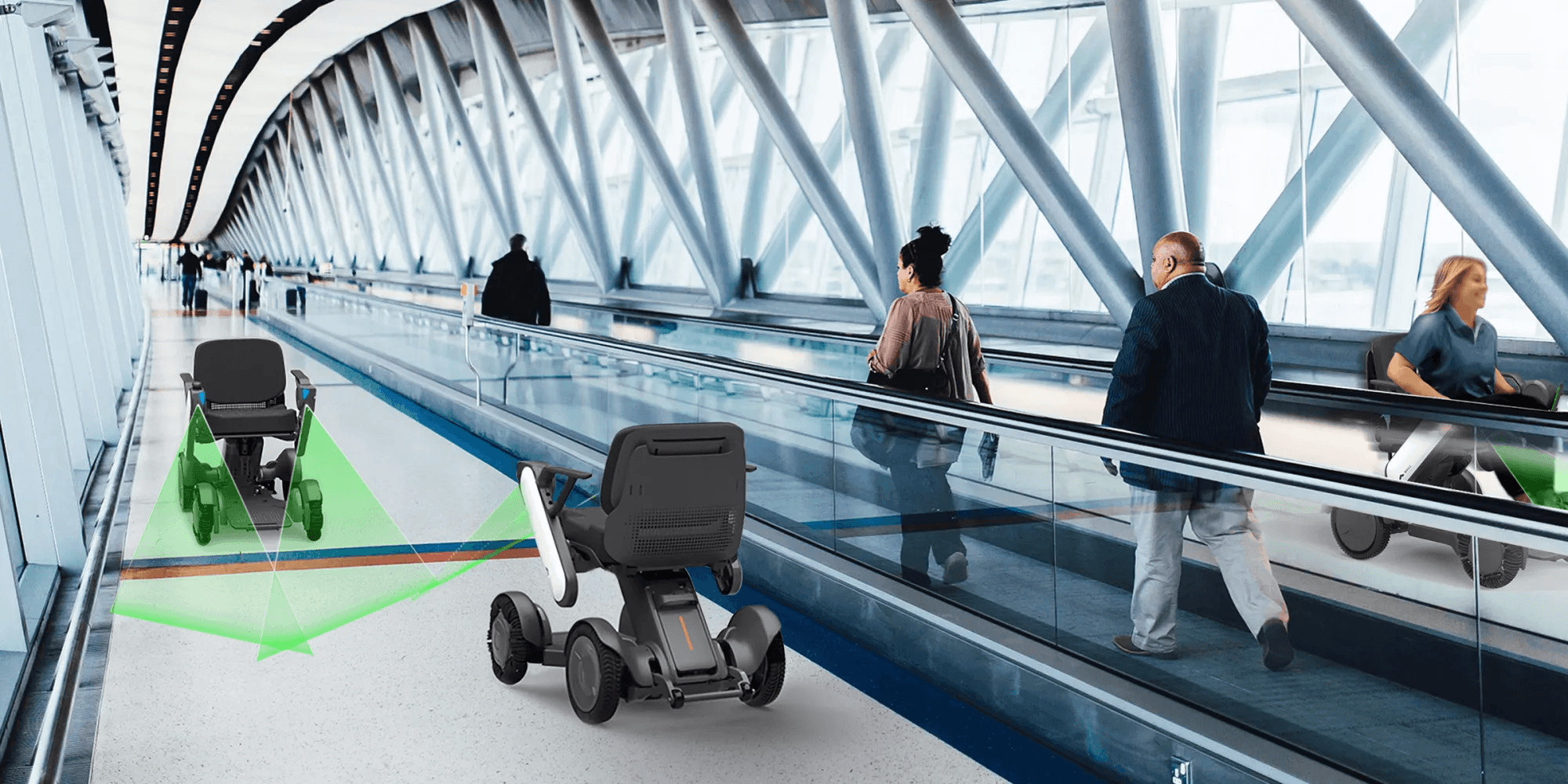A modern airport walkway with several people moving in both directions. Two WHILL autonomous mobility chairs with green navigation beams are visible, conveying innovation.