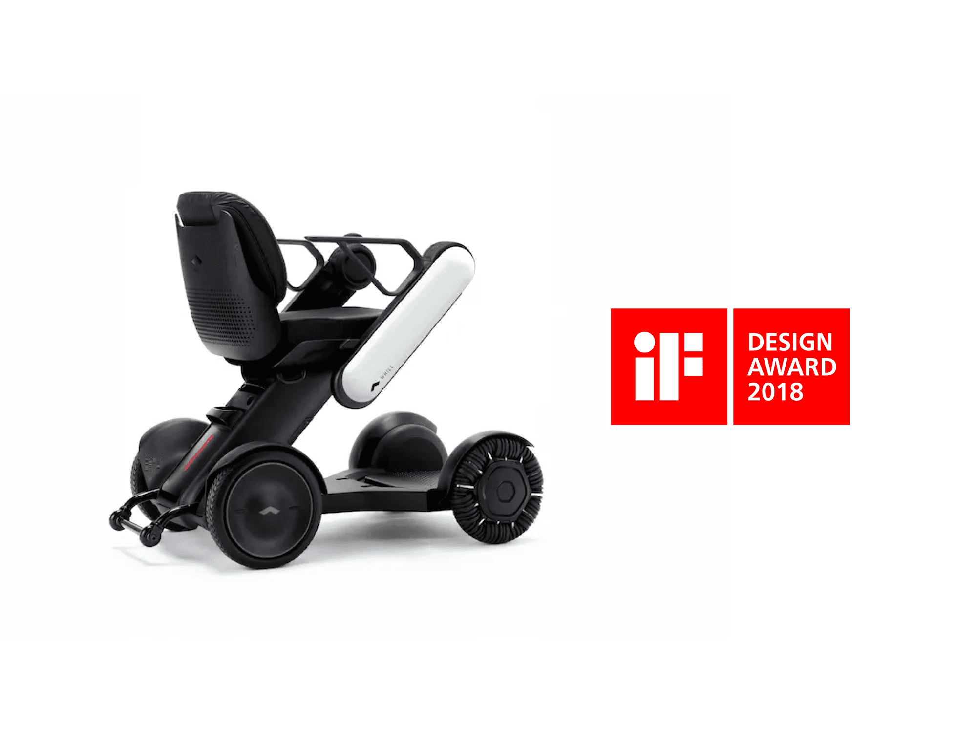 A WHILL Model C power chair, highlighting its omni wheels and ergonomic seat, alongside the 2018 iF Design Award logo.