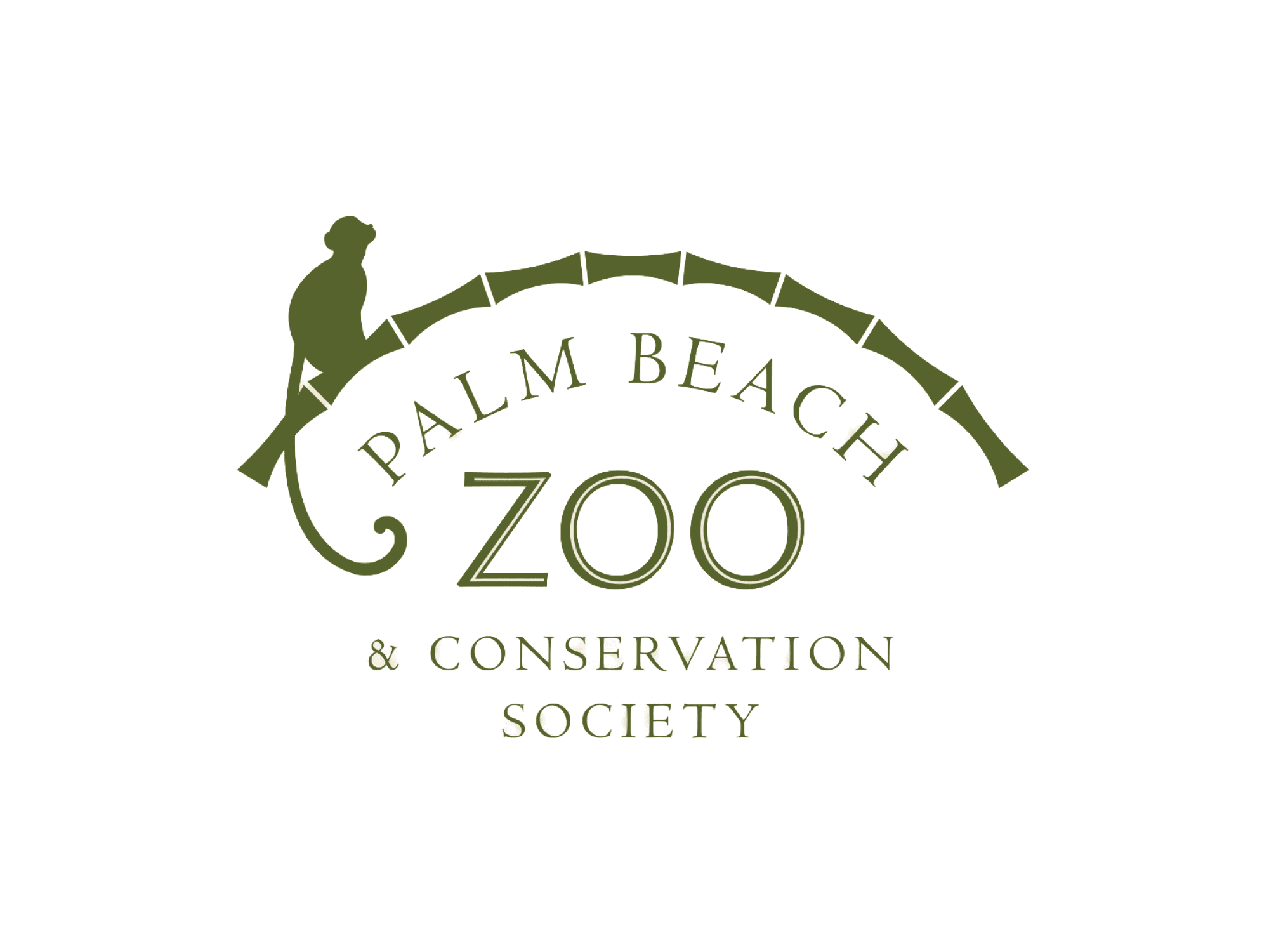 Green logo of "Palm Beach Zoo & Conservation Society" with a silhouette of a monkey sitting on a bamboo curve above the text, conveying conservation.