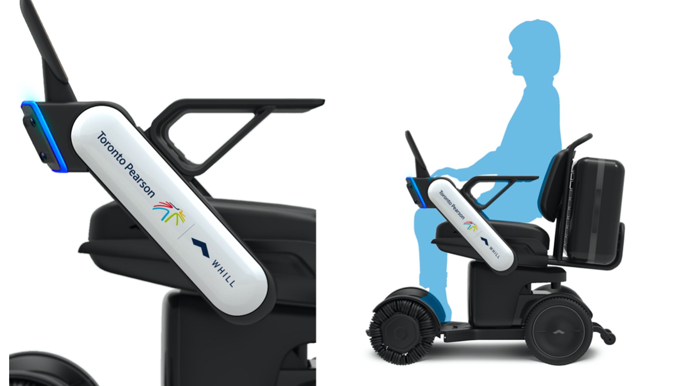 Side-by-side images showing a WHILL autonomous service power wheelchair with Toronto Pearson branding. A blue silhouette of a person is seated on the mobility device, indicating use.