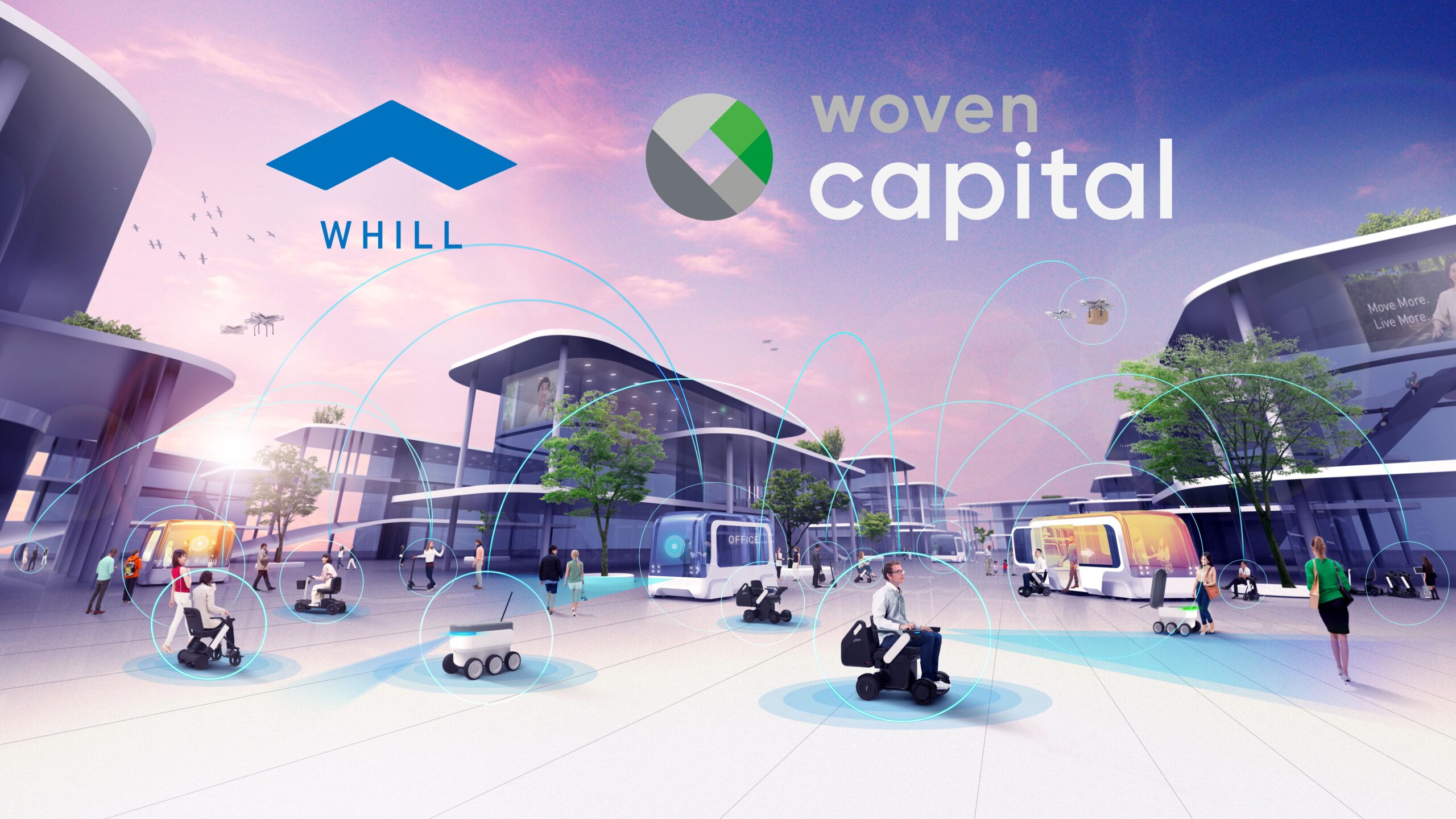 urban scene with modern buildings and people using whill autonomous service self driving mobility devices. Logos for "WHILL" and "Woven Capital" float in the sky.